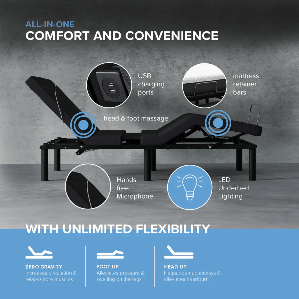 ZZZEN E6 WALL HUGGER ZERO CLEARANCE ADJUSTABLE BED FRAME , VOICE CONTROL, MASSAGE, NIGHTLIGHT, USB