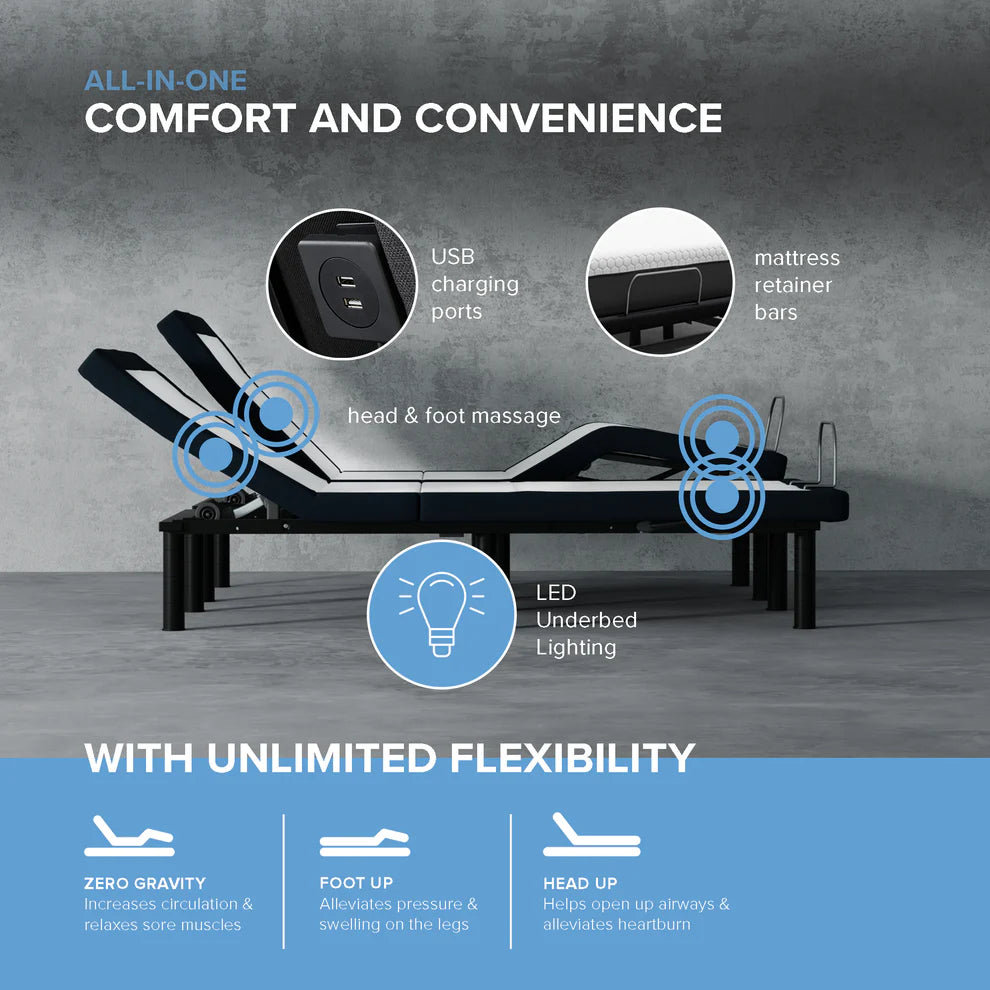 ZZZEN E4/Z4 SPLIT TOP FLEX HEAD ZERO CLEARANCE ADJUSTABLE BED FRAME WITH MASSAGE, NIGHTLIGHT, USB. Fits on storage or platform beds.