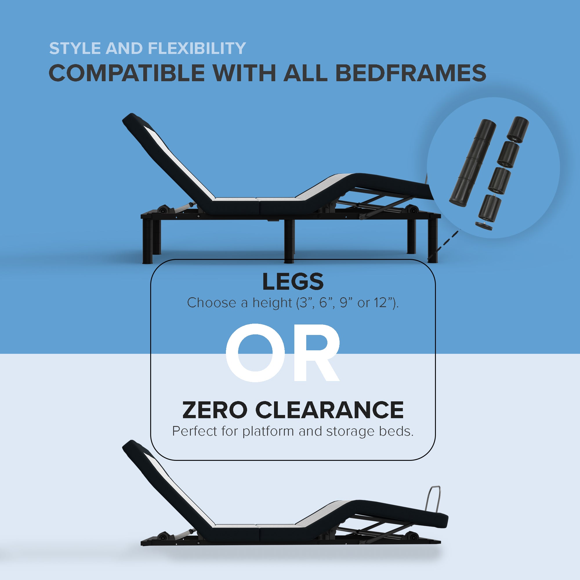 ZZZEN E3 ZERO CLEARANCE ADJUSTABLE BED FRAME WITH WIRLESS REMOTE