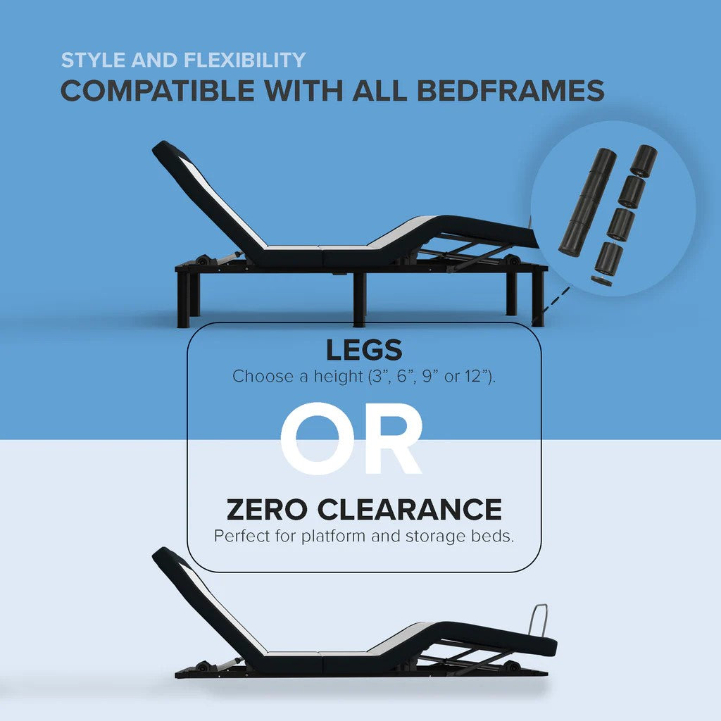 ZZZEN E4/Z4 ZERO CLEARANCE ADJUSTABLE BED FRAME WITH MASSAGE, NIGHTLIGHT, USB, FITS STORAGE BEDS OR RVS