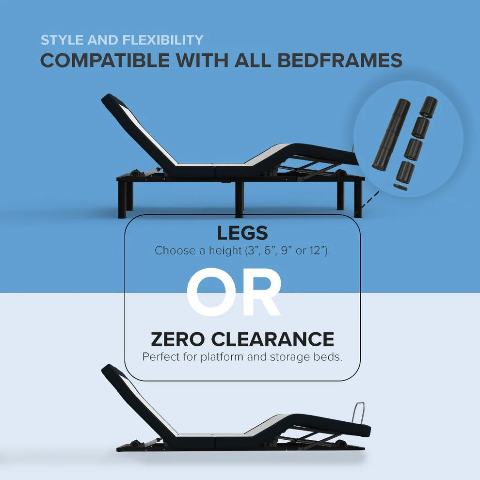 ZZZEN E4/Z4 SPLIT TOP FLEX HEAD ZERO CLEARANCE ADJUSTABLE BED FRAME WITH MASSAGE, NIGHTLIGHT, USB. Fits on storage or platform beds.