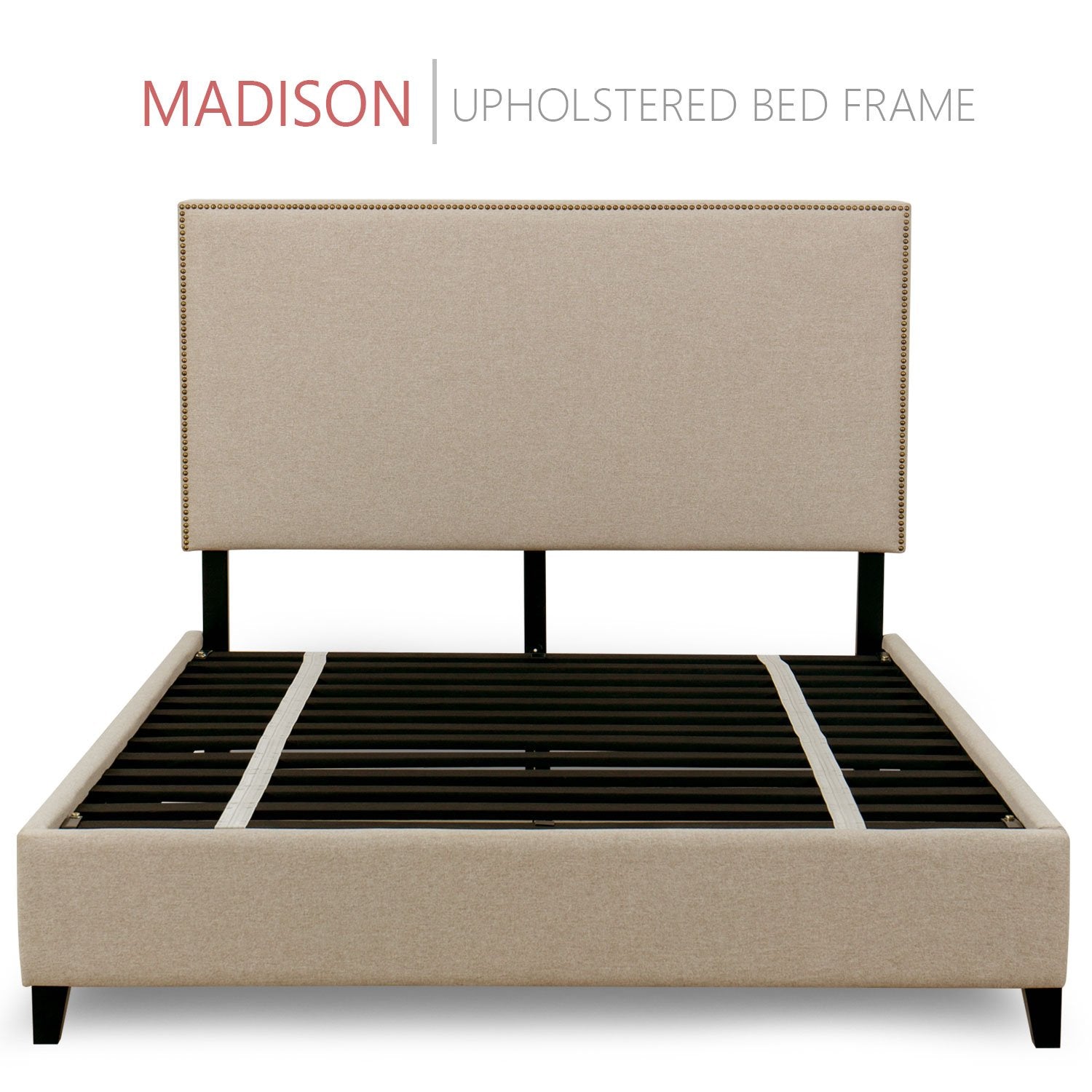 Madison Upholstered Platform Bed, 50" Tall Headboard - Beige Fabric - zzZensleep
