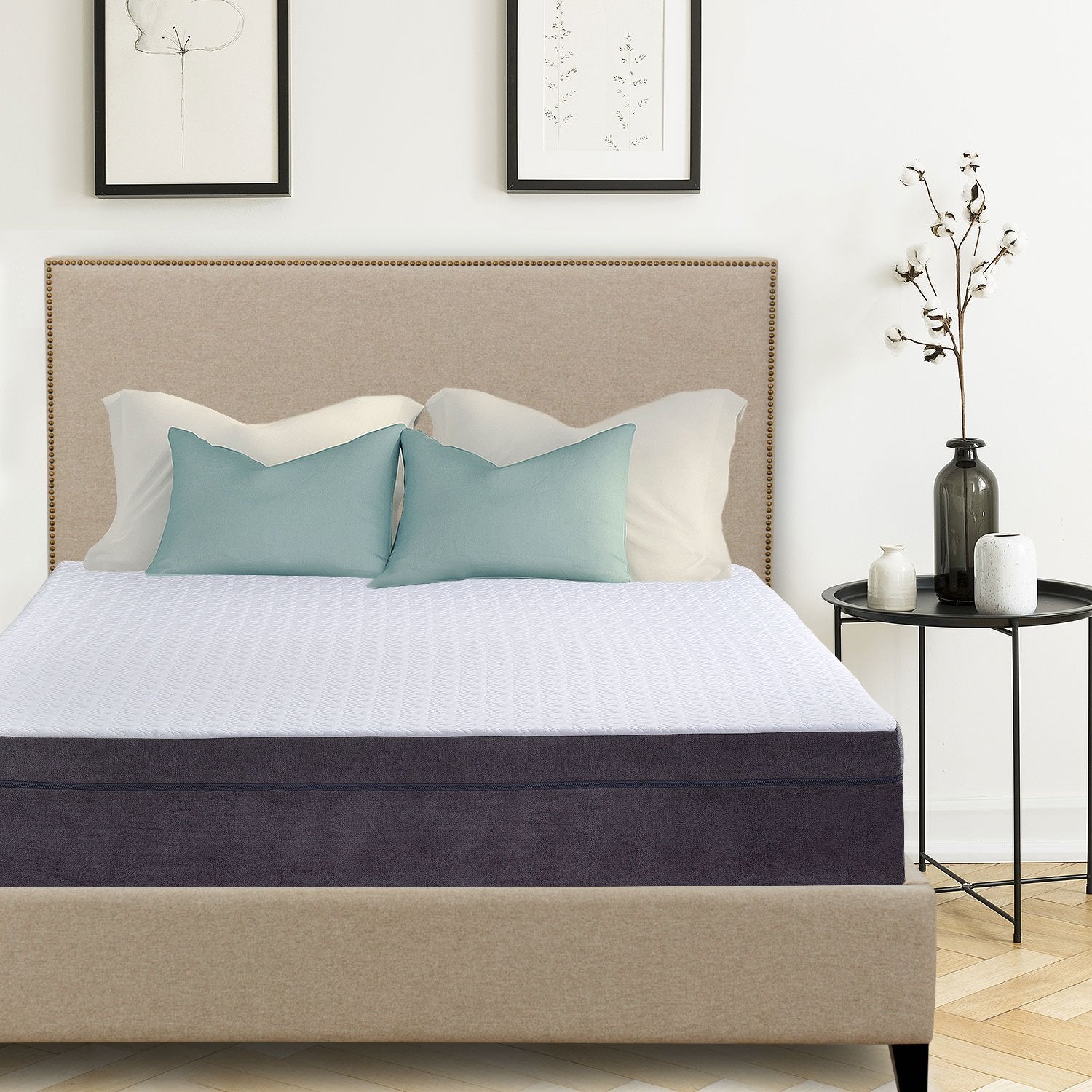 Madison Upholstered Platform Bed, 50" Tall Headboard - Beige Fabric - zzZensleep