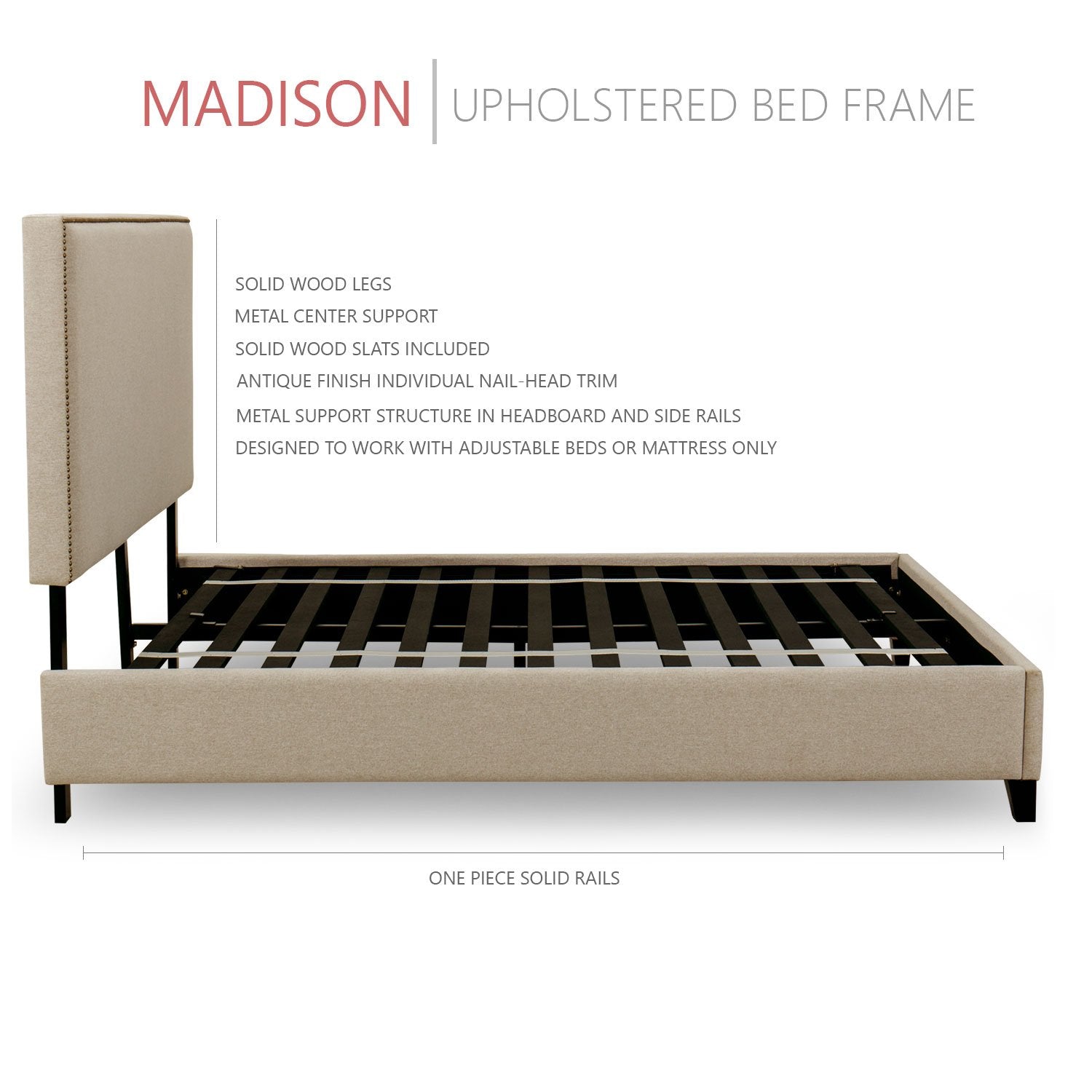 Madison Upholstered Platform Bed, 50" Tall Headboard - Beige Fabric - zzZensleep