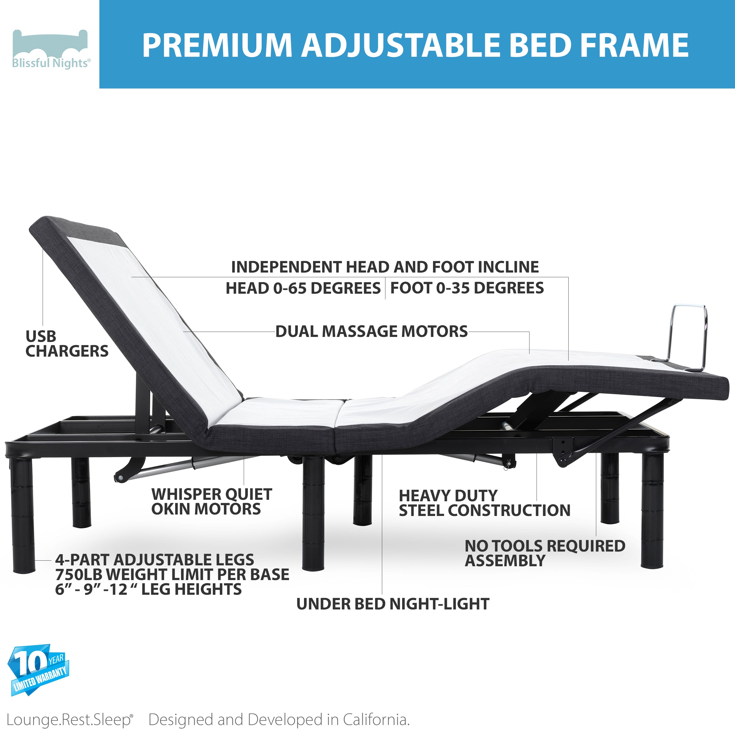 Open Box Return E4 V2 - Premium Adjustable Bed Frame with Massage, Wireless Remote, Zero Gravity, Anti Snore, Nightlight