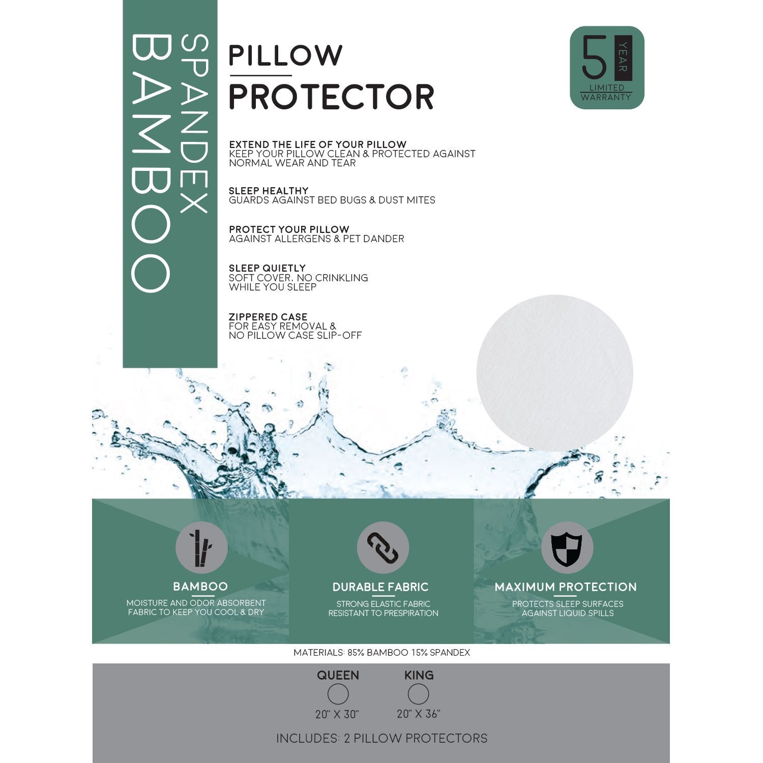 Premium Bamboo Pillow Protector - 100% Waterproof and Hypoallergenic Zipper Washable Cover - zzZensleep