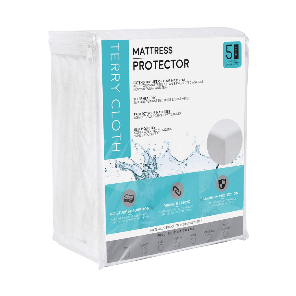 Fitted Cotton Terry Mattress Protector - 100% Waterproof and Hypoallergenic - zzZensleep